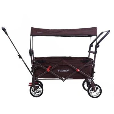 Image of FUXTEC folding/foldable wagon hand cart garden trolley carriage of children outdoor transport fishing hiking removable canopy push handle/pull rod dual brake system CT700 Brown
