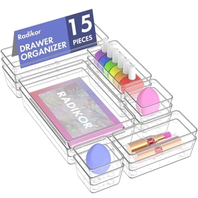 Image of Radikor Drawer Organiser Pack of 15 Transparent Minimalist System in 4 Sizes, for Desk, Office, Kitchen, Bathroom