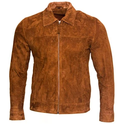 Image of Men&#039;s Retro Brown 100% Goat Suede Leather rHarington Biker Jacket S