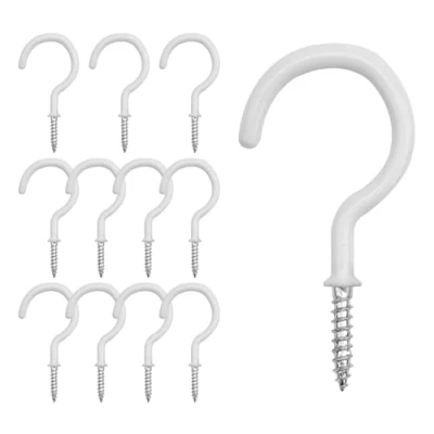 Image of KINGLAKE 12 Pcs 2 Inch White Mug Cup Hooks Screw in Plastic Coated Ceiling Vinyl Utility for Wood, Under Cupboard, Cabinet Shelf, Hanging Plant and Kitchen Utensils