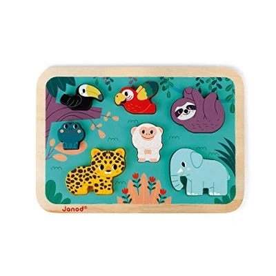 Image of Janod Chunky Jungle Wooden Puzzle 7 Pieces Discover The Animals Water Based Paint Wwf Partnership Fsc Certified from 18 Months Old, J08621, White