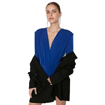 Image of Trendyol Women&#039;s Woman Fitted Bodycon Double breasted Woven Bodysuit Shirt, Saxe Blue, 34 UK