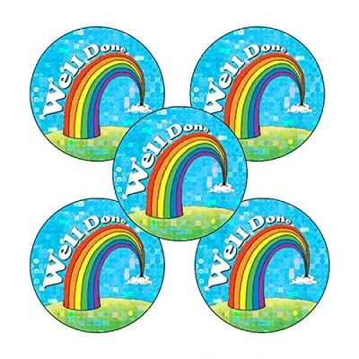 Image of 300 Holographic Sparkly Well Done Rainbow Childrens Pupils School Praise Teachers Reward Stickers 25mm Primary Teaching Services…
