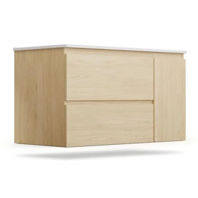 Image of blumfeldt Johnstone Vanity Unit with Basin Natural Wood Finish, 90 cm Ceramic Sink, Soft Close Drawers, Moisture Resistant Material, Ample Storage Easy Self Assembly