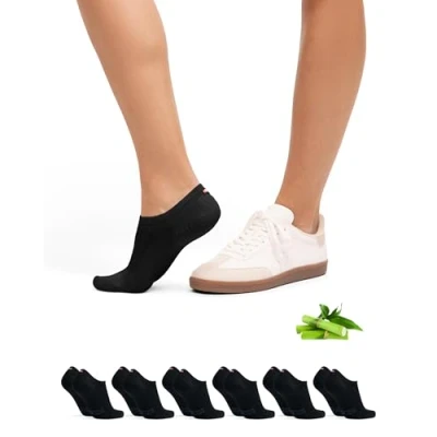 Image of DANISH ENDURANCE 6 Pack Bamboo No Show Trainer Socks, Non Slip Silicone Heel, Men and Women, Black, 8