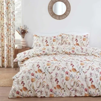 Image of Prestigious Textiles Sundour Grove Stunning Floral &amp; Butterfly Design Duvet Cover Set in Multi Colour on a Natural Background Double Bed
