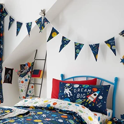 Image of Happy Linen Company Girls Unisex Space Explorer Outer Planets Navy Blue 3.1 Metre Double Sided Bedroom Bunting Banner Triangle Flags