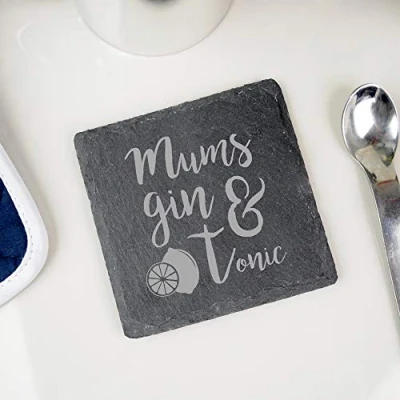 Image of eBuyGB Gin &amp; Tonic&#039; Slate Coaster, Mothers Day, Birthday Gift, Novely G&amp;T Present for Mum from Daughter and Son, Engraved Drinks Mat (Square)