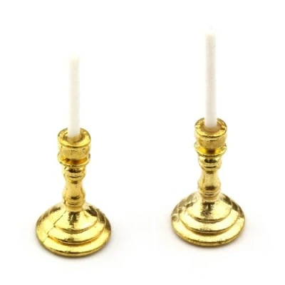 Image of MyTinyWorld Dolls House Miniature Pair of Gold Colour Metal Candle Holders