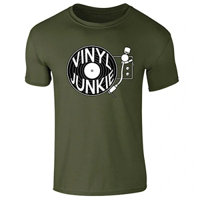 Image of Flip Mens Vinyl Junkie Retro Turntable DJ T Shirt Khaki (XXL)