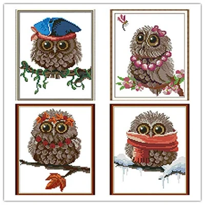 Image of Awesocrafts 4 Pack Cross Stitch Kits, Owls Four Seasons Easy Patterns Stitching Embroidery Kit Supplies Christmas Gifts, Counted (Owls, Counted)