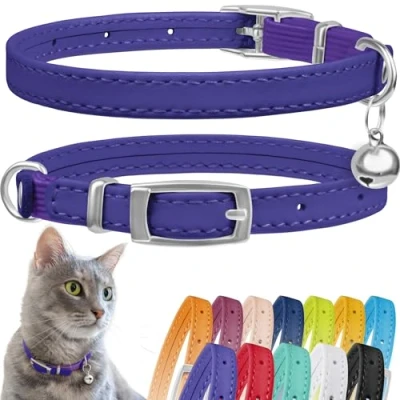 Image of CollarDirect Leather Cat Collar, Safety Collar with Elastic Strap, Kitten for Bell Black Blue Red Orange Lime Green (Neck Fit 9&quot; 11&quot;, Purple)