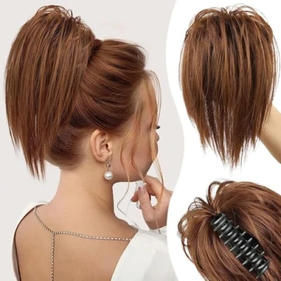 Image of RPAEOY Ponytail Hair Hairpieces for Women 12 Inch Straight Claw Clip in Extension Natural Synthetic Fiber Wigs Replacement Cosplay Daily Use Party Wear (Reddish Brown)