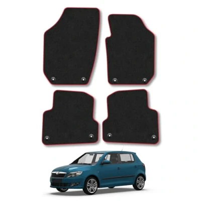 Image of Car Mats Compatible with Skoda Fabia (2007 2014) [8 Clip] Tailored Fit Red Carpet Floor Set Accessory Custom 4 Pieces Anti Slip Backing &amp; Binding Trim Edge