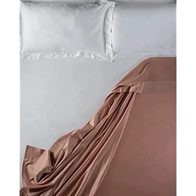 Image of LENZUOLISSIMI Queen Bed Sheet in Satin Cotton 300 Thread Count 240 x 290 cm Made Italy Peach