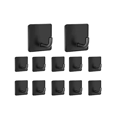 Image of IZRA Self Adhesive Hooks 12Pack Stainless Steel Towel Hooks，Coat Hooks，Sticky Wall Hooks,Waterproof and Rustproof，Black