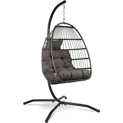 Image of Vita5 Egg Chair Outdoor with Frame Polyrattan Cushion Hanging and Indoor Foldable Hammock Maximum Load 150kg Dark grey