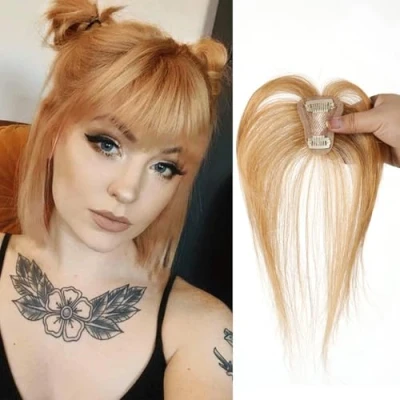 Image of Clip in Fringe Bangs 360 3D Cover 100% Real Human Hair Toppers with Bangs，Ash Blonde pieces on for Women Fake Daily Wear
