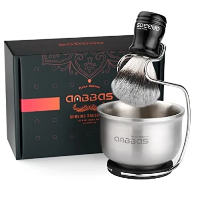 Image of Anbbas 3in1 Vegan Style Synthetic Badger Hair Shaving Brush, 4&quot;OD Stainless Steel Soap Bowl and Higher Brush Holder Stand Set for Men Close Shave Kit