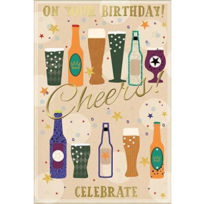 Image of Open Male Birthday Card Beer Bottles and Pint Glasses with Gold Foil 7.5x5.25