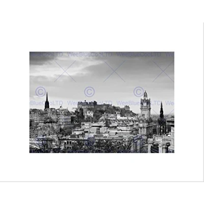 Image of Wee Blue Coo PHOTO CITYSCAPE EDINBURGH CASTLE ROOFTOPS BLACK WHITE FRAMED ART PRINT B12X13290