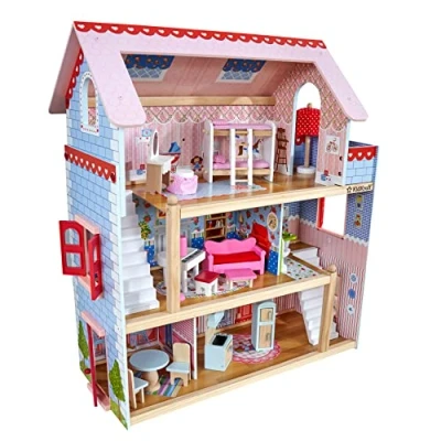Image of KidKraft Chelsea Cottage Wooden Dolls House with Furniture and Accessories Included, Play Set for Miniature Dolls, Dollhouse Mini Kids&#039; Toys, 65054 Amazon Exclusive