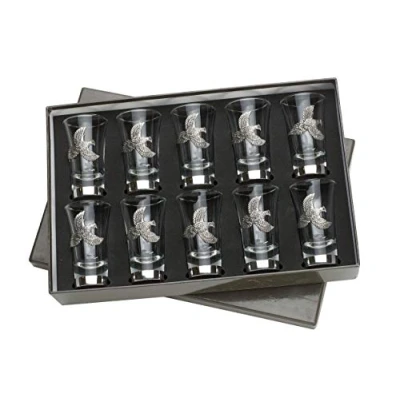 Image of Farm Cottage Brands Deluxe boxed set of 10 Numbered flying pheasant Shot Glasses Game Shooting Peg Finder