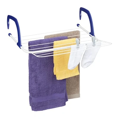 Image of Relaxdays Dryer, Laundry Rack for Hanging, Balcony, Heater &amp; Camping, Space Saving, 4m Length, White, Steel, 15.5x51x73 cm