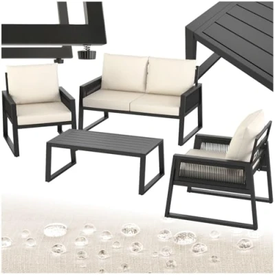 Image of tectake® Garden Lounge Set Aluminium Frame &amp; Rope Design, 2 Seater Sofa, Armchairs 1 Table with Cushions, Height Adjustable Water Repellent Furniture for Patio, Backyard Grey