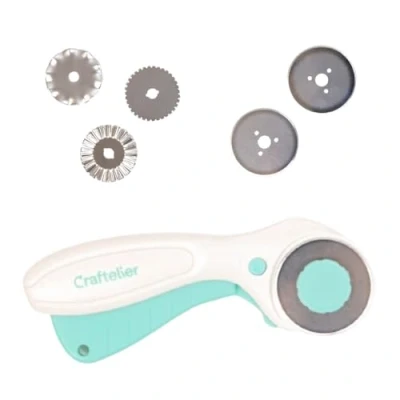 Image of Craftelier Rotary Cutter, Wheel Cutter for Smooth &amp; Shaped Blades, Ideal Craft Projects Scrapbooking, Locking Function by Button, 45 mm, Includes 2 Straight 3 Wave cutting Blades