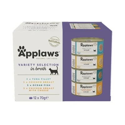 Image of Applaws Natural Wet Cat Food, Multipack Chicken and Fish Selection in Broth 70 g Tin (Pack of 12)