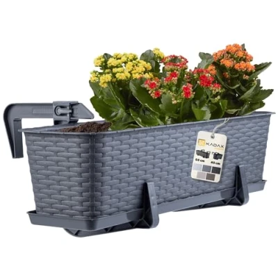 Image of KADAX Rattan like Planter, Plastic Hanging Box with Brackets, Drainage Holes and Saucer, Rectangular Long Plant Pot for Balcony, Railing (60 cm, Graphite)