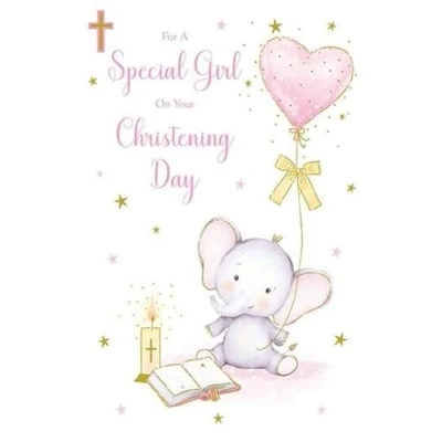 Image of Paper Rose Christening Congratulations Card for Girls Baby Elephant and Balloon with Foil Details Eco Friendly Recyclable