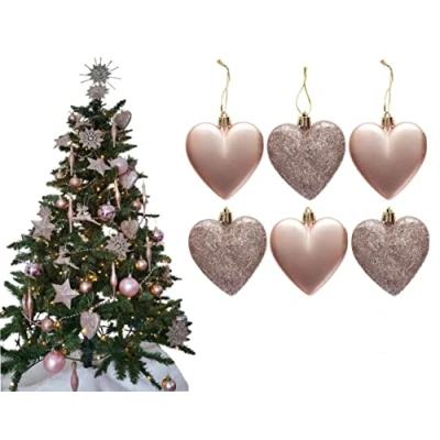 Image of 6pc Large Glitter &amp; Matte Heart Baubles Great Christmas Tree Decorations, (Rose Gold)