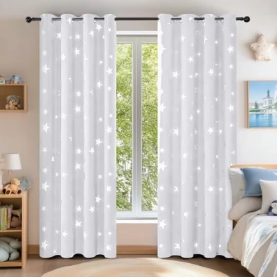 Image of Deconovo Stars Foil Printed Thermal Insulated Curtains Eyelet Blackout for Nursery 46 x 72 Inch Silver Grey 1 Pair