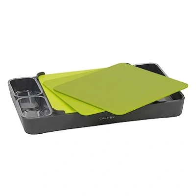 Image of Calitek Chopping Board Set of 3 BPA Free Plastic Cutting with Stand and Storage for Multipurpose Use Ideal Meat Vegetables Fruit Bread or Cheese (Green)