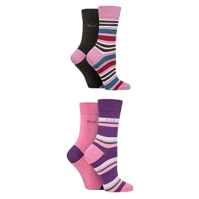 Image of Elle Ladies Bamboo Fibre Socks Plain, Striped &amp; Patterned Casual Day to in a Multipack of 4 Size 8 Pink Stripes