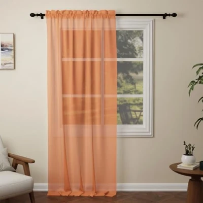 Image of Pacok Orange Voile Curtains, 84 Drop Net Curtain for Windows, Rod Pocket Sheer Panel Curtains Living Room Kitcken Bedroom W56xL84 Inch(Orange, 142 x 213cm)