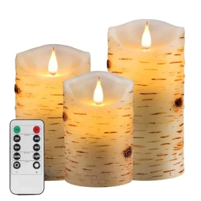 Image of Nancia LED Candles with brich Effect Flickering Battery Operated 4&quot; 5&quot; 6&quot; Set of 3, 300 Hour Decorating Pillars,10 Key Remote Control 24 Timer Functio
