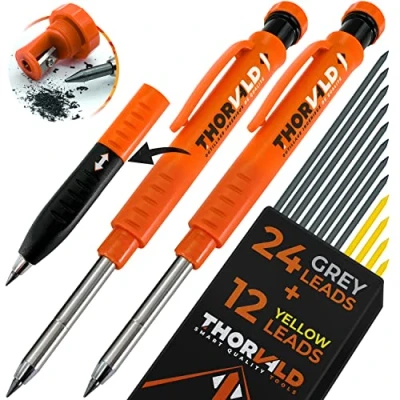 Image of THORVALD 2 Pro Extensible Carpenters Pencil [+ 38 Leads + Lead Sharpener Easy Write Grip] for Carpenter Handyman DIY Drawing Writing Tracing on Wood Metal Concrete Tile