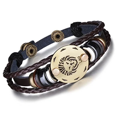 Image of Infinite U Retro Punk Mens Womens 12 Constellation Zodiac Sign Bracelet Braided Leather Alloy Charm Multilayer Wristband Bangle