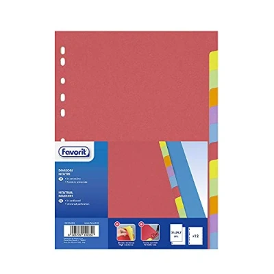 Image of Favorit 100204882 Universal Hole Dividers for Ring Binders with 12 Coloured Neutral Notches, A4 Inner Size, 225 g/m² Cardboard