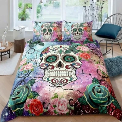 Image of Loussiesd Super King Duvet Cover Set Sugar Skull Print Bedding 3D Floral Bones Pattern Decorative Flowers Microfiber Polyester Comforter with 2 Pillow Shams, 3 Pieces, Zipper, Watercolor