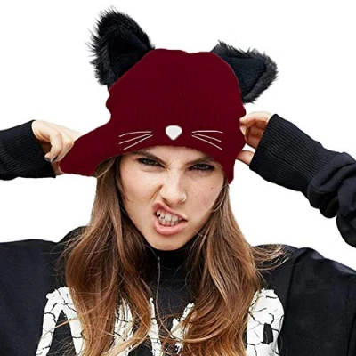Image of XRDSS Women Girls Cat Ears Beanie Hat Winter Warm Knitted Ski (Wine Red)