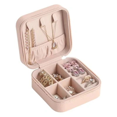 Image of BSLVWG Jewellery Box, Small Travel Organiser Storage Case for Rings Earrings Necklace Bracelets Cloth PU Leather Box Organizer,Jewellery Gift Girls Women (Pink)