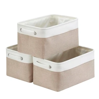 Image of Mangata Canvas Storage Box 3 Pack, Fabric Basket with Handles for Cupboards, Shelves, Clothes, Toys (Medium, Foldable, Light Khaki White)