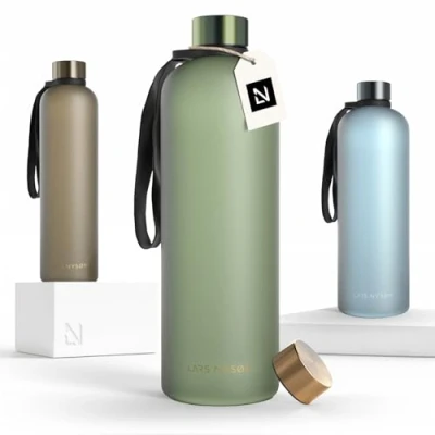 Image of LARS NYSØM Water Bottle 51oz Drinking 1,5Liter Ultralight Tritan Sports Flask leak proof Ideal for sports, office, yoga 2 lids included (Green Gold, XL 1500ml)