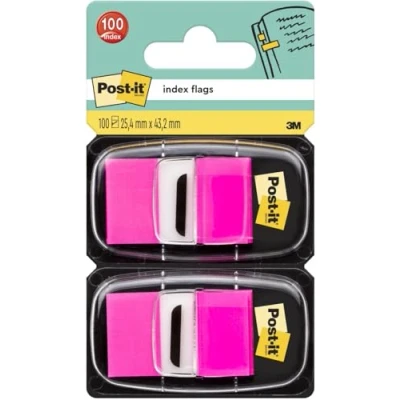 Image of Post it Index Flags, Medium, Pink, 2 Dispensers 25.4 mm x 43.2 mm, 100 Flags To Mark, Highlight or Color Code Important Information