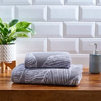 Image of Fusion Grey Leaf Bath Towel (70 x 130cm) 100% Cotton Super Soft Tropical Palm Leaves &amp; White Towel/Bath Sheet Bathroom Accessory Matteo Collection