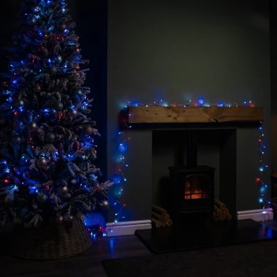 Image of 16m 200 LED SupaBrights Multi Action Christmas String Lights with Timer in Blue, Red &amp; White on Clear Cable